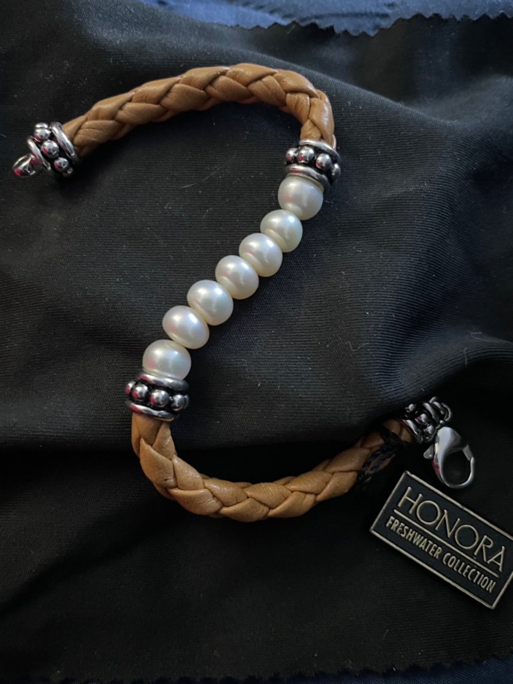 Honora Braided Leather Pearl Bracelet - Tan & White